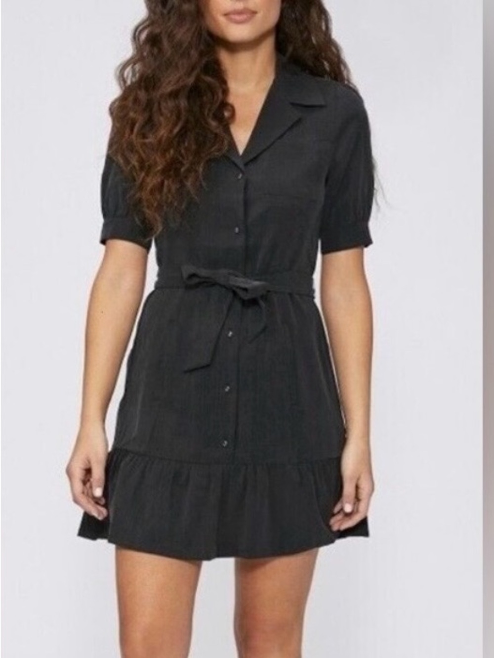 PAIGE Black Short Sleeve Button-Front Dress with Tie Waist